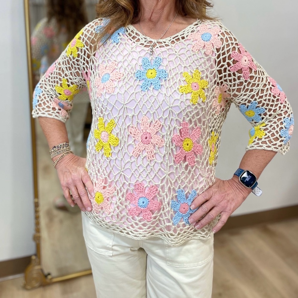 CHARLIE B Crochet Floral Top - Cream, Pink, Yellow, Blue